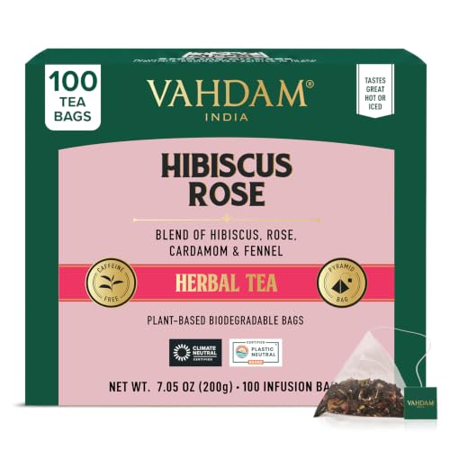 VAHDAM, Hibiscus Rose Tea Bags - 100% Whole Hibiscus Flowers Herbal Tea Bags (100 Count) With Rose, Chamomile &amp; Exotic Spices | Caffeine Free, Floral Flavor Tisane | Resealable Ziplock Pouch