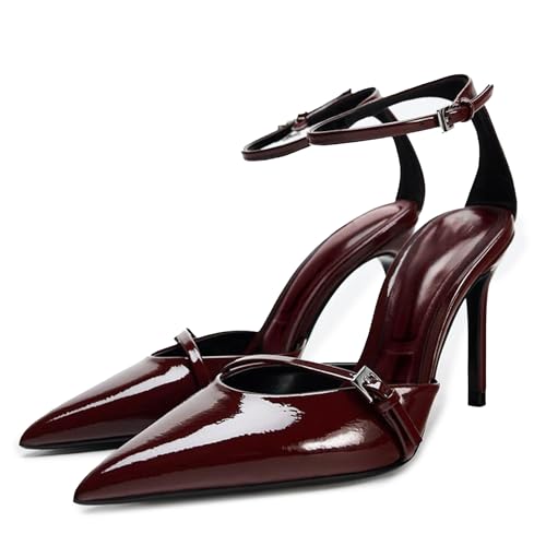 High Heels for Women Closed Pointed Toe Stiletto Buckled Ankle Strap Pumps Wedding Dress Shoes