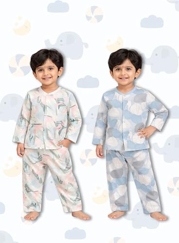 Image of 3BROS Kids Pure Cotton Night Suit Set | Boys Girls Printed Sleepwear Shirt & Pajama Clothing Combo | Soft Breathable Night Dress Outfit | Pack of 2