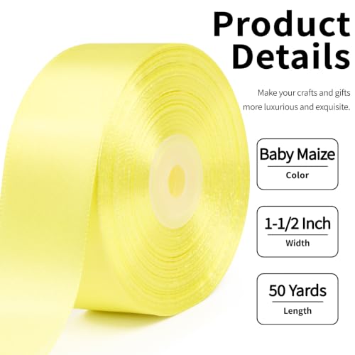 Image of Mauproy 1-1 /2 Inch Wide Baby Maize Satin Ribbon, 50 Yards Light Yellow Solid Polyester Fabric Ribbon for Roses Making, Gift Wrapping, Flower Bouquets, Wedding Decorations, Handmade Crafts