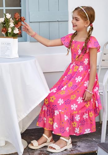 GRACE KARIN Girls Floral Easter Dresses Size 10 Tween Girl Spring Maxi Dress Kids Summer Hawaiian Dress,Hot Pink — view 5
