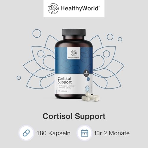 HealthyWorld Cortisol Support - 180 Kapseln - Ashwagandha, Rosenwurz, L-Theanin, Zink, Schwarzer Pfeffer, Vitamin C1, B1, B5, B6 - für das Hormongleichgewicht - vegetarische Formel