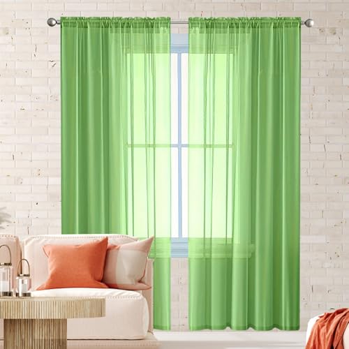 レースカーテン 150 x 190 cm Uvカット断熱遮熱保温シンプルおしゃれかわいいプライバシ保護テレス2枚組部屋をほどよく明るくする女の子の部屋人気小窓出窓用寝室リビグルム, グリーン