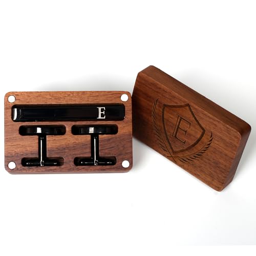 Image of Mens Initial Cufflinks and Tie Clip A-Z Alphabet Letter Black Stainless Cuff Links Tie Bar with Engraved Walnut Wood Box Groom Groomsman Wedding Set