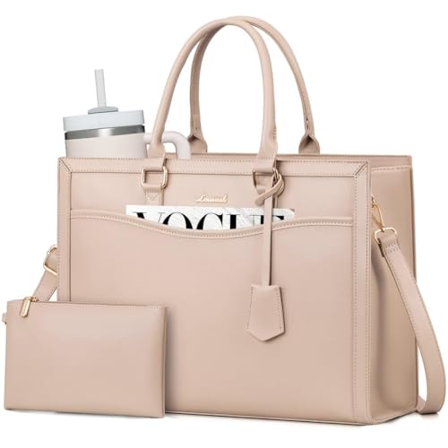 Image of LOVEVOOK Laptop Tote Bag for Women, Office Work Bag Briefcase fit for 15.6 inch Laptop, Large Capacity Teacher Computer Bag Handbag,2pcs Set, Leather /Apricot
