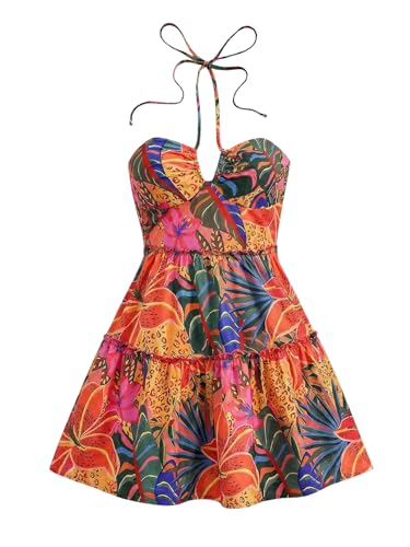 Image of Floerns Women's Floral Sleeveless Halter Dress Milkmaid Flare Hem Boho Mini Dress