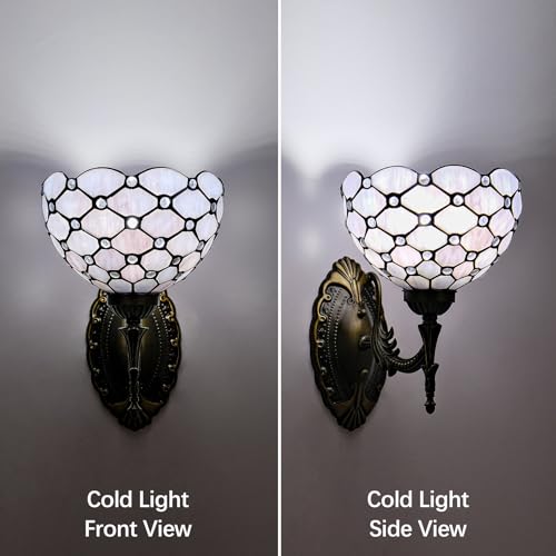 Image of Tiffany Wall Sconce Hand-Weld Stained Glass Bedside Lamp with Classic 8 Inches Lampshade for Bedroom Hallway Living Room Home Office (Gray White)