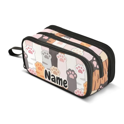 Image of Custom Cat Paw Prints Pencil Case Box Boys Girls Personalized Name Large Pencil Pouch Stationery Pen Bag Organizer for Kids Adults School Office