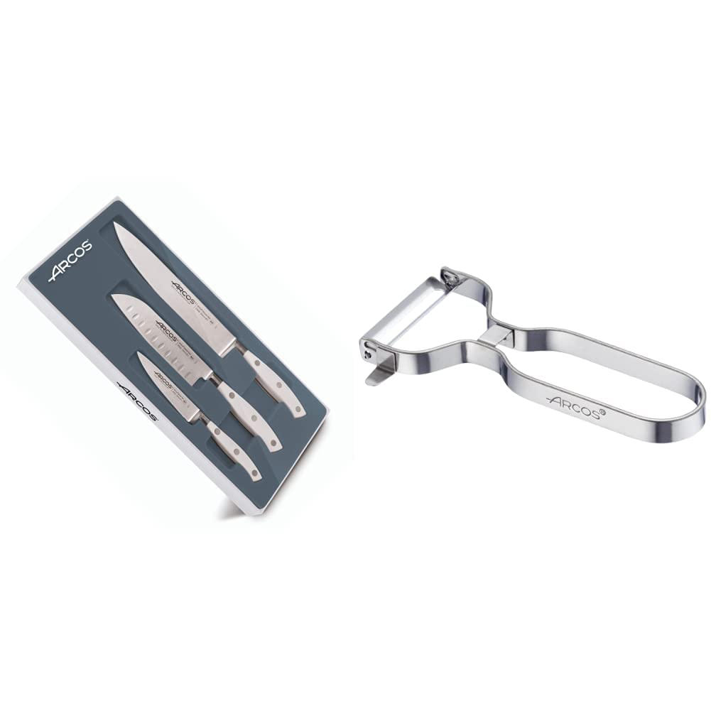 Arcos 807610 Juego Cuchillos de Cocina de 3 piezas, Acero_Inoxidable, Blanco & Gadgets Profesionales, Pelador de Frutas Pelador de Verdura, Acero Inoxidable Cromado, Color Plata, 110 mm