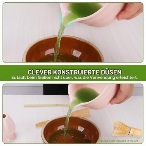 Matcha-Set Rosa mit Matcha Besen Matcha Schale mit Ausgießer Besenhalter aus Keramik und Löffel - 5 Stück Matcha Set Pink für Teeliebhaber – Ansicht 6