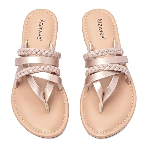 Image of Ataiwee Women's Flat Slide Sandals - Comfortable Open Toe Design,Casual Slip-On with Ankle Strap,Hook-and-Loop Closure Summer Sandals.