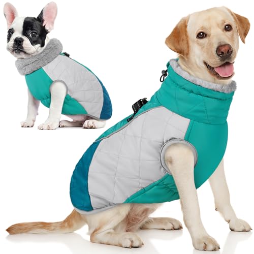 Image of AOFITEE Dog Winter Coat, Dog Coat for Large Dogs, Warm Fleece Dogs Jacket | Reflective Dog Winter Jacket with Harness Built in, Waterproof Windproof Dog Snowsuit for Cold Weather, Bean Green XL