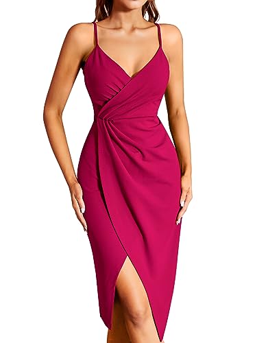 Missufe Robe de cocktail pour femme, robe de fête, robe d'été, robe midi festive, élégante, bodycon pour mariage, sans manches, bretelles fines, robe de soirée, Rose chaud, Large