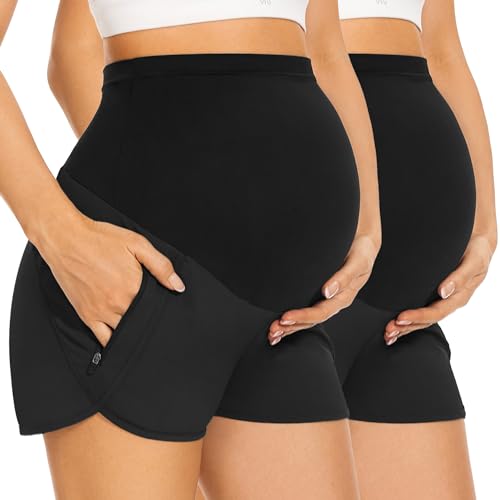 Image of PACBREEZE Women's Maternity Shorts Over Belly Quick Dry Workout Athletic Running Shorts with Zipper Pockets