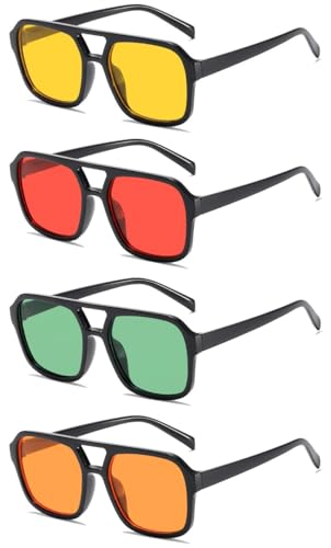 Image of IKANOO 4 Pieces Vintage Retro 70s Square Aviator Sunglasses Women Men Classic Rectangle Sunglasses Trendy Shades