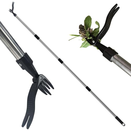 SUGOOE 58’’ Weed Remover Tool, 4 Claw Steel Head Stand Up Weed Puller Tool with Extended Handle, Garden Lawn Weed Tool for Lawn Yard and Garden