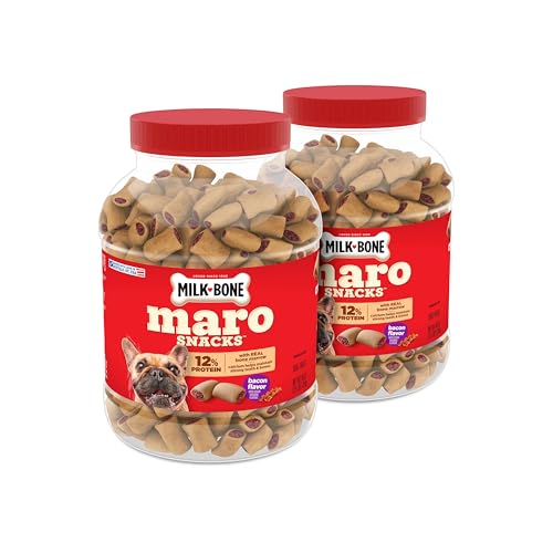Image of Milk-Bone MaroSnacks Bacon Flavor Small Dog Treats With Bone Marrow, 40 Ounces (Pack of 2) (Packaging Design May Vary) | 40-oz. canisters, Made with real bone marrow, Dog treats with 12% protein