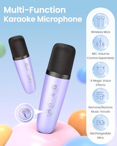 Image of YLL Upgraded Mini Karaoke Machine with 4 Wireless Microphones Toy for Kids, Birthday Gifts for Girls Boys, Portable MP3 Player for Ages 3, 4, 5, 6, 7, 8, 9, 10, 11, 12+ Year Old Party (Purple)