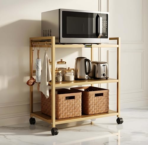 Image of Heavy Duty 3 Tier Metal Storage Rack with Wheels | Microwave Oven OTG Air Fryer & Printer Stand | Multipurpose Kitchen Utility Trolley (Golden)