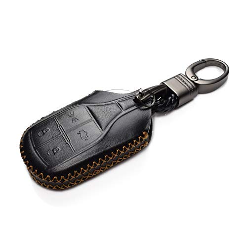 Image of Vitodeco Genuine Leather Smart Key Fob Case Cover Protector with Key Chain Clip - Compatible for Maserati Ghibli, Levante, Quattroporte - Light Button, Black