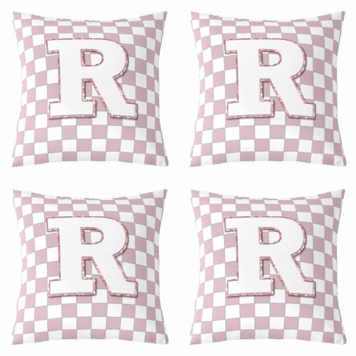 Image of Erosebridal Pink Initial R Throw Pillow Covers 24x24 Set of 2 Kawaii Plaid Checkered Cushion Cover Cute Personalized Monogram Throw Pillow Case for Bed Couch Sofa Fashion Grids Gingham Home Decor