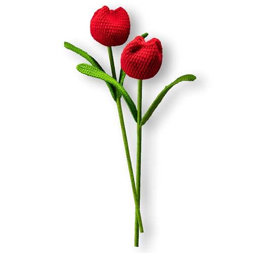 Image of Tulip Crochet Flowers | Handcrafted Artificial Faux Woolen Flower with Long Stem | Natural Looking Knitted Flower for Home, Living Room, Vase & Bouquet Decoration & Gifting | Red- 2 Pcs