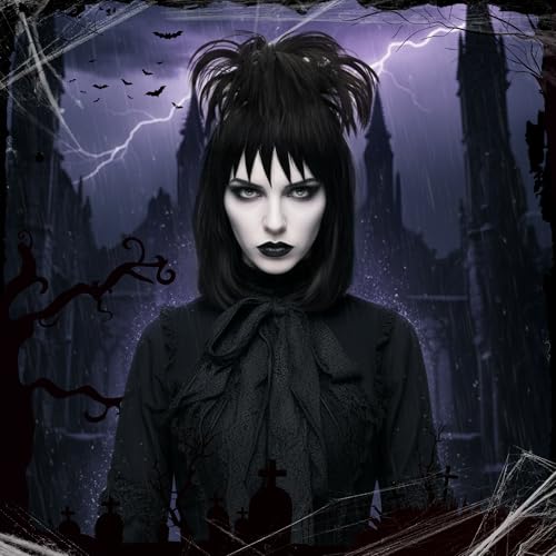 Image of S-noilite Lydia Deetz Wig, Black Ghost Bride Costume Wig and Detachable Bun with Chocker for Women's Halloween Cosplay Party 16 inch