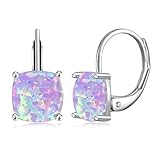 CiNily Leverback Hypoallergenic Earrings, 14K White Gold Plated Brass, Purple Square Opal Hoops, Perfect for Women and Girls