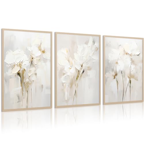Neutral Wall Art Abstract Floral Canvas Pictures Beige Flower Wall Decor Modern Painting Minimalist Poster Abstract Botanical Prints White Artwork for Bedroom Living Room 12x16 Inch Unframed Set of 3