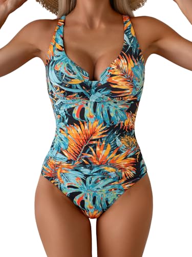 Image of B2prity Women's Underwire One Piece Swimsuit Tummy Control Ruched Bathing Suit Criss Cross V Neck Swimwear