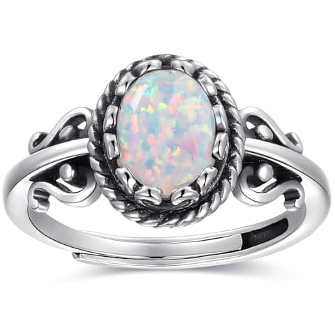 AVECON Opal Ring Silver Adjustable Rings for Women Filigree Statement Engagement Promise Ring With Opal Rings Womens Vintage Rings Fit Size 6-9 Cover
