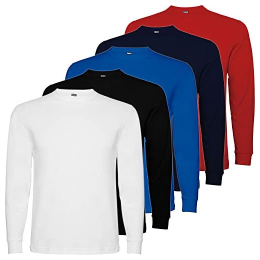 Pack 5 | Camiseta Manga Larga Hombre | 100% Algodón Punto Liso | Cuello Redondo (5 Colores, XL)