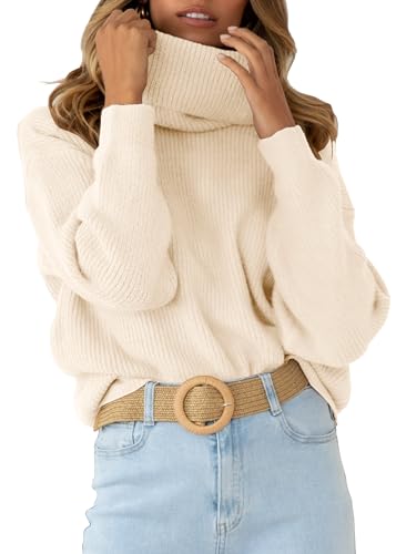 Image of Womens Turtleneck Drop Shoulder Sweaters Chunky Knit Long Sleeve Oversized Sweater Fall Winter Pullover Jumper Tops Khaki