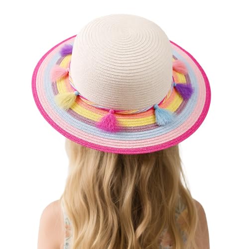 PinkSheep Girls Sun Hat,Cute Summer Straw Beach Hat for Toddler Kids with Wide Rainbow Brim & Tassels - UPF 50+ 6