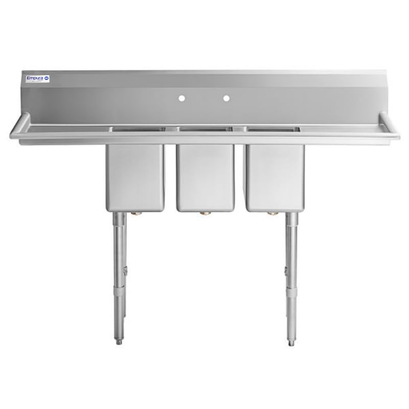 Image of Empura 98 inch Wide Stainless Steel Three Compartment Commercial Sink | Utility 10 inch x 14 inch Bowl for Restaurant Laundry Garage | (2) 12 inch Drainboard, 9.75 inch Backsplash, 98 inchW x 29.5 inchD x 44.25 inchH, 16 Gauge, NSF