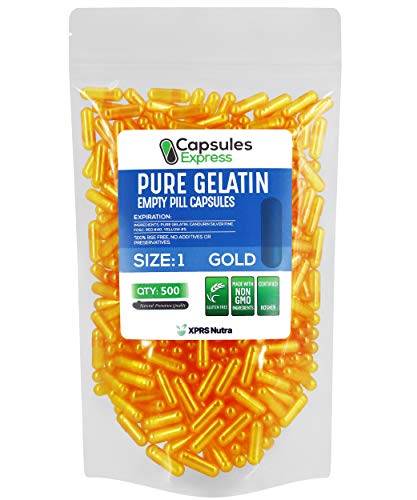 XPRS Nutra Size 1 Empty Capsules - 500 Count Empty Gelatin Capsules - Capsules Express Empty Pill Capsules - DIY Capsule Filling - Pure Bovine Pill Capsules Empty Gel Caps (Gold)