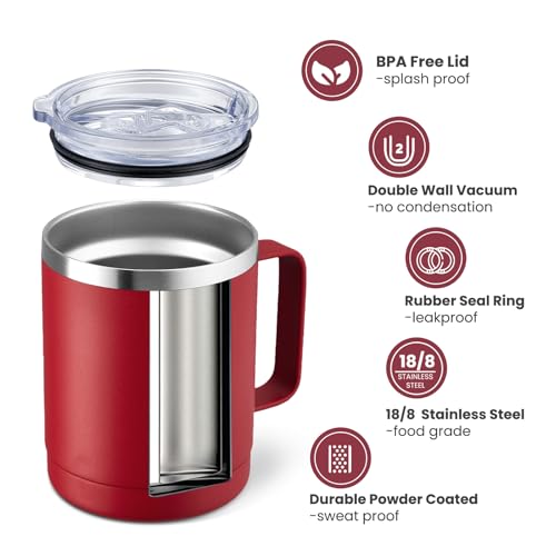 Image of MEWAY 12oz Coffee Mug With Handle 4 Pack Bulk,Stainless Steel Insulated Travel Tumblers With Sliding Lid,Double Wall Vacuum Camping Cup for Hot & Cold Drinks Tea (Red,Set of 4)