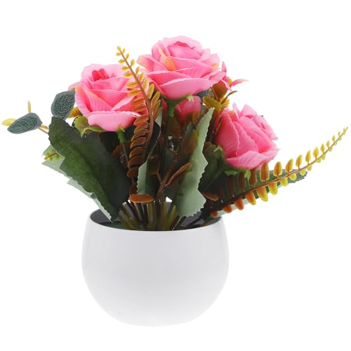 FIXOSHEE Pianta Finta da Interno con Fiori Artificiali Rosa Vividi in Vaso Decorativo Resistente per Soggiorno Ufficio e Scrivania Facile da Pulire Manutenzione