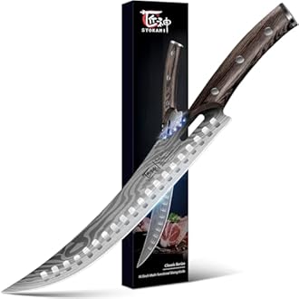 Butcher Breaking Knife for Meat Cutting, 10.5 Inch Japanese Style Curved Carving Knife with Wooden Full Tang Handle, Damascus Pattern, Razor Sharp Cimiters with Gift Box, Birthday Gift for Men
