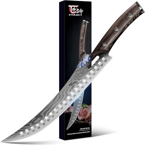 Comparison: Best Knife For Cutting Steaks 8 SYOKAMI Butcher Breaking Knife for Meat Cutting, 10.5 Inch Japanese Style Curved Carving Knife with Wooden Full Tang Handle, Damascus Pattern, Razor Sharp Cimiters with Gift Box, Birthday Gift for Men