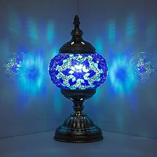Marrakech Turkish Mosaic Glass Decorative Table Lamp Handmade Moroccan Lantern Tiffany Style Home Decor Desk Night Light Christmas Decorations Gift Lamp for Bedroom Living Room (Blue)