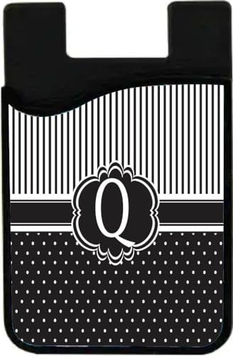 Island Gifting - Letter Q Monogram - Damask Dots Black on White Design - Stick-on ID Card Holder for iPhone/Galaxy/Google Android Cases, Q-BlackDam, cell-sleeve-mas-335
