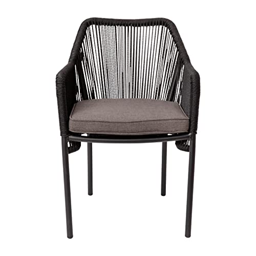 Flash Furniture Kallie Set Of 2 Indoor/Outdoor Stacking Club Chairs With Arms - Uv Resistant Woven Black Seat & Back - Gray Zippered Cushions - Black Aluminum Frame #TOP4