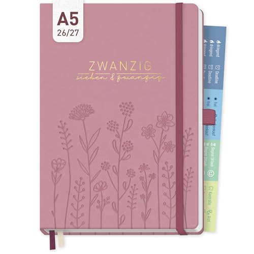 Häfft® Chäff-Timer Premium A5 Kalender 2026/2027 „Fine Flowers Rosé” Buchkalender, Terminplaner, Terminkalender, Wochenplaner für 17 Monate: Aug. 2026 bis Dez. 2027