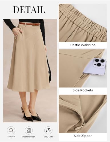 Image of Women's Business Casual Midi Skirt, High Waist Flowy Skirts with Pockets