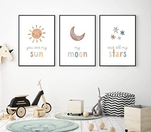 Image of NATVVA 3 Pieces Framed Wall Art You are My Sun My Moon and All My Stars Poster Prints Canvas Painting Artwork for Ids Room Nursery Decoration with Inner Frame