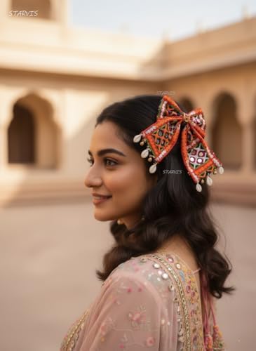 Starvis Navratri Special Hair Accessories Bow Tie Hair Bow Clip – Traditional Embroidered Bow for Women & Girls, Festive Hair Accessory for Garba, Dandiya, and Indian Ethnic Wear Hair Clip with Shell Dandiya Night For Women