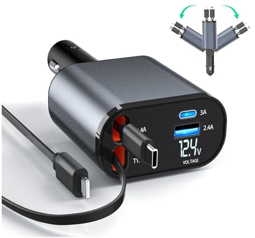 Retractable Car Charger, 100W Fast Charging 4 in 1 Phone Charger Adapter, Retractable Cables (2 Feet) for iPhone and Type C, Cigarette Lighter Adapter