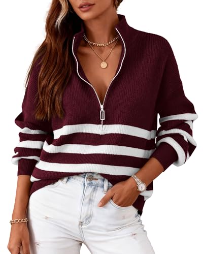 BTFBM Striped Quarter Zip Sweater Women Fall Outfits Winter Clothing V Neck Long Sleeve Knit Collared Sweaters Pullover(Striped Wine Red, Medium)