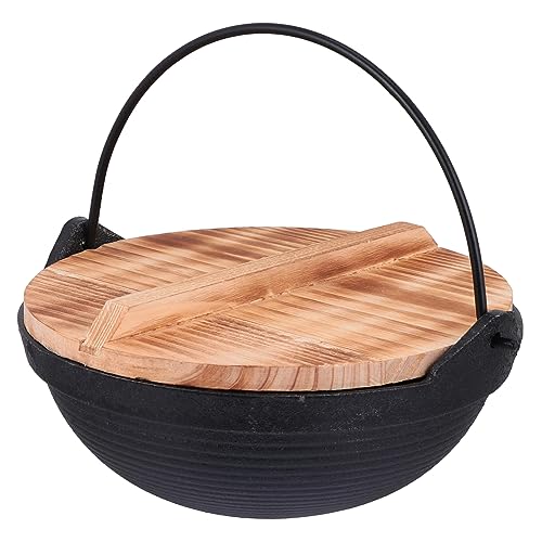 PRETYZOOM Japanischer Gusseisen Hängetopf 20cm Mit Holzdeckel Camping Kochgeschirr Hitzebeständig Tragbar Für Outdoor Wandern Picknick